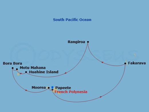 10 Night - Society Islands & the Tuamotus - MS Paul Gauguin - Starting in Papeete, Tahiti Island, Fakarava, Tuamotu Islands, Rangiroa, Tuamotu Islands, Huahine, Society Islands, Motu Mahana, Tahaa Island, Society Islands, Bora Bora, Society Islands, Moorea Island, Papeete, Tahiti Island itinerary map