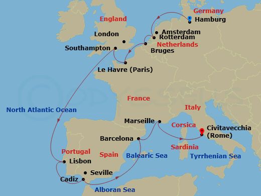 MSC Poesia - 13 Night - Northern Europe - MSC Poesia - Starting in Hamburg, Germany, Rotterdam (Amsterdam), Netherlands, Zeebrugge (Bruges), Belgium, Le Havre (Paris), Fra.. itinerary map