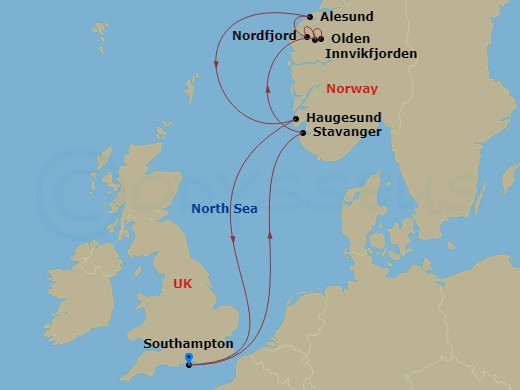 Queen Anne - 7 Night - Norwegian Fjords - Queen Anne - Starting in Southampton, England, UK, Stavanger, Norway, Olden, Norway, Innvikfjorden, Norway (Scenic Cruising), Nor.. itinerary map