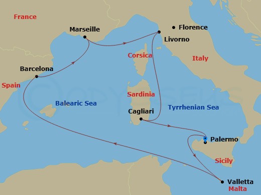 MSC Splendida - 7 Night - Mediterranean - MSC Splendida - Starting in Palermo (Monreale), Italy, Valletta, Malta, Barcelona, Spain, Marseille (Provence), France, Livorno (Flo.. itinerary map