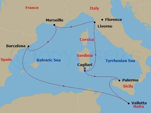 MSC Splendida - 7 Night - Mediterranean - MSC Splendida - Starting in Cagliari (Sardinia), Italy, Palermo (Monreale), Italy, Valletta, Malta, Barcelona, Spain, Marseille (Pro.. itinerary map