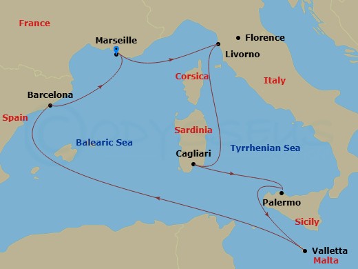 7 Night - Mrs - MSC Splendida - Starting in Marseille (Provence), France, Livorno (Florence), Italy, Cagliari (Sardinia), Italy, Palermo (Monreale), Italy, Valletta, Malta, Barcelona, Spain, Marseille (Provence), France itinerary map