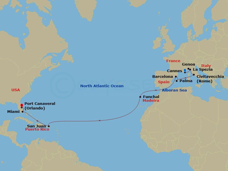 MSC Grandiosa - 20 Night - Msc Grand Voyages - MSC Grandiosa - Starting in Cannes (Cote Dazur), France, Genoa (Portofino), Italy, La Spezia (Cinque Terre), Italy, Civitavecch.. itinerary map