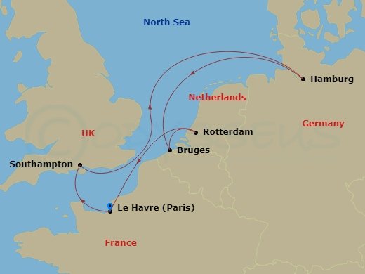 MSC Preziosa - 7 Night - Northern Europe - MSC Preziosa - Starting in Le Havre (Paris), France, Southampton (London), United Kingdom, Hamburg, Germany, Zeebrugge (Bruges), B.. itinerary map
