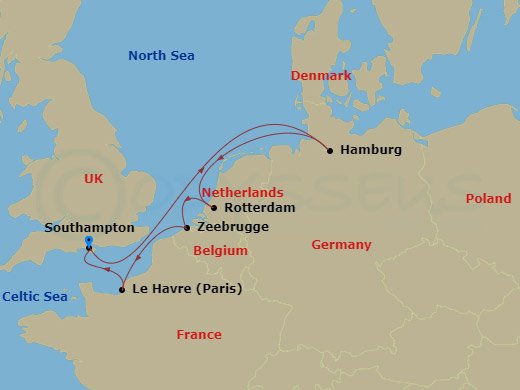 MSC Preziosa - 7 Night - Northern Europe - MSC Preziosa - Starting in Southampton (London), United Kingdom, Hamburg, Germany, Rotterdam (Amsterdam), Netherlands, Zeebrugge (.. itinerary map