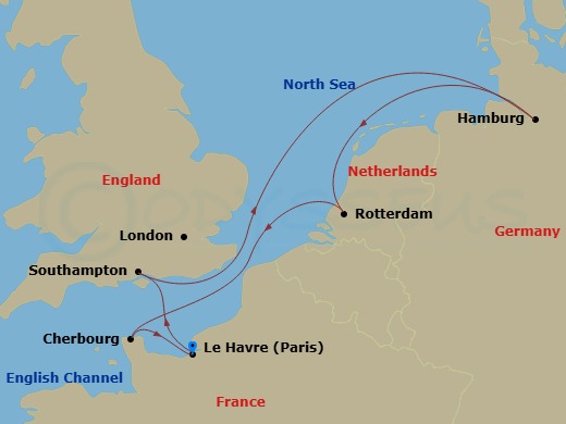 MSC Preziosa - 7 Night - Northern Europe - MSC Preziosa - Starting in Le Havre (Paris), France, Southampton (London), United Kingdom, Hamburg, Germany, Rotterdam (Amsterdam).. itinerary map