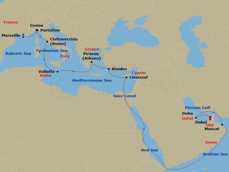 MSC World Europa - 21 Night - Mrs - MSC World Europa - Starting in Marseille (Provence), France, Genoa (Portofino), Italy, Civitavecchia (Rome), Italy, Valletta, Malta, Piraeus.. itinerary map