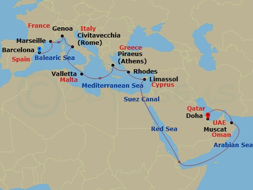 MSC World Europa - 20 Night - Bcn - MSC World Europa - Starting in Barcelona, Spain, Marseille (Provence), France, Genoa (Portofino), Italy, Civitavecchia (Rome), Italy, Vallett.. itinerary map