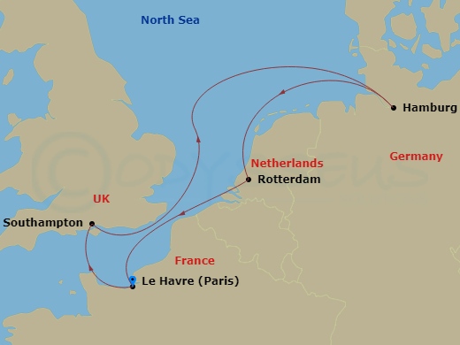 MSC Poesia - 6 Night - Northern Europe - MSC Poesia - Starting in Le Havre (Paris), France, Southampton (London), United Kingdom, Hamburg, Germany, Rotterdam (Amsterdam),.. itinerary map