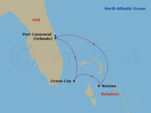 MSC Seashore - 3 Night - Caribbean and Antilles - MSC Seashore - Starting in Port Canaveral (Orlando), Nassau, Bahamas, Ocean Cay Msc Marine Reserve, Bahamas, Port Canaveral.. itinerary map
