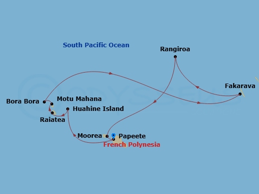 11 Night - Society Islands & the Tuamotus - MS Paul Gauguin - Starting in Papeete, Tahiti Island, Huahine, Society Islands, Raiatea, Society Islands, Motu Mahana, Tahaa Island, Society Islands, Bora Bora, Society Islands, Fakarava, Tuamotu Islands, Rangiroa, Tuamotu Islands, Moorea Island, Papeete, Tahiti Island itinerary map