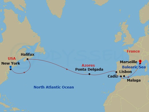 MSC Meraviglia - 15 Night - Msc Grand Voyages - MSC Meraviglia - Starting in New York, Halifax, Canada, Ponta Delgada (Azores), Portugal, Lisbon (Cascais), Portugal, Cadiz (Se.. itinerary map