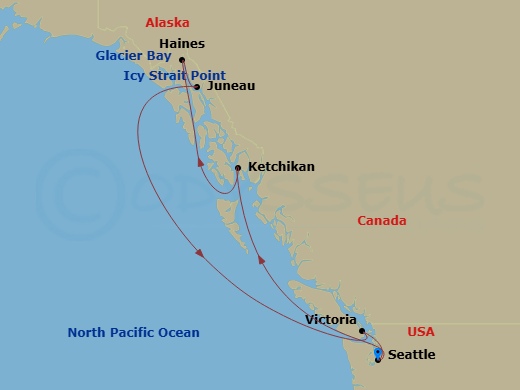 Queen Elizabeth - 9 Night - Alaska Roundtrip from Seattle - Queen Elizabeth - Starting in Seattle, WA, Ketchikan, AK, Icy Strait Point, AK, Haines, AK, Juneau, AK, Glacier Bay,.. itinerary map