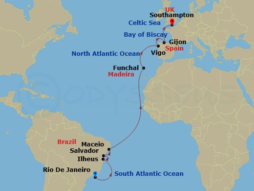 MSC Preziosa - 16 Night - Rio - MSC Preziosa - Starting in Rio De Janeiro, Brazil, Ilheus, Brazil, Salvador, Brazil, Maceio, Brazil, Funchal (Madeira Islands), Portugal, Vig.. itinerary map