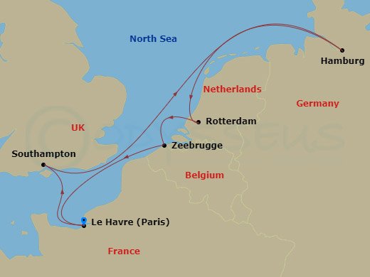 MSC Poesia - 7 Night - Northern Europe - MSC Poesia - Starting in Le Havre (Paris), France, Southampton (London), United Kingdom, Hamburg, Germany, Rotterdam (Amsterdam),.. itinerary map