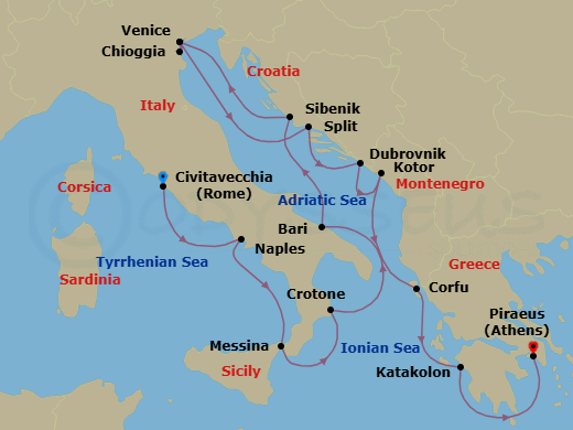 14 Night - Italy, the Adriatic & Greece - Viking Star - Starting in Rome (Civitavecchia), Naples, Sicily (Messina), Crotone, Bari, Sibenik, Venice, Venice (Chioggia), Venice, Split, Dubrovnik, Croatia, Kotor, Corfu (Kerkyra), Katakolon (Olympia), Athens (Piraeus) itinerary map