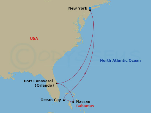 MSC Meraviglia - 7 Night - Caribbean and Antilles - MSC Meraviglia - Starting in New York, Port Canaveral (Orlando), Nassau, Bahamas, Ocean Cay Msc Marine Reserve, Bahamas, Ne.. itinerary map