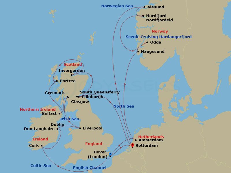 HAL Nieuw Statendam - 22 Night - British Isles & Norwegian Fjords Collectors' Voyage - HAL Nieuw Statendam - Starting in Dover UK (London), England, Rotterdam, the Netherlands, Sou.. itinerary map