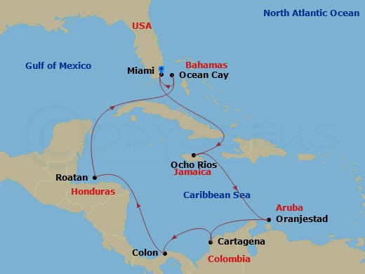 MSC Divina - 11 Night - Caribbean and Antilles - MSC Divina - Starting in Miami, Florida, Ocho Rios, Jamaica, Oranjestad, Aruba, Cartagena CO, Colon, Panama, Isla De Roata.. itinerary map
