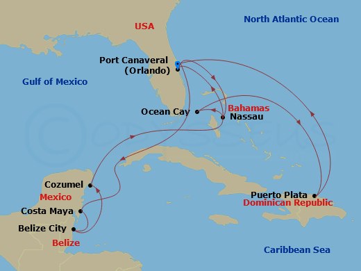 MSC Grandiosa - 14 Night - Caribbean and Antilles - MSC Grandiosa - Starting in Port Canaveral (Orlando), Nassau, Bahamas, Ocean Cay Msc Marine Reserve, Bahamas, Puerto Plata.. itinerary map
