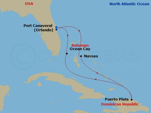 MSC Grandiosa - 6 Night - Caribbean and Antilles - MSC Grandiosa - Starting in Port Canaveral (Orlando), Ocean Cay Msc Marine Reserve, Bahamas, Puerto Plata, Dominican Republ.. itinerary map