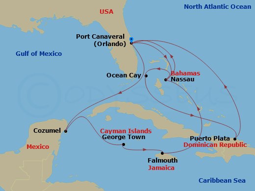 MSC Grandiosa - 14 Night - Caribbean and Antilles - MSC Grandiosa - Starting in Port Canaveral (Orlando), Nassau, Bahamas, Ocean Cay Msc Marine Reserve, Bahamas, Puerto Plata.. itinerary map