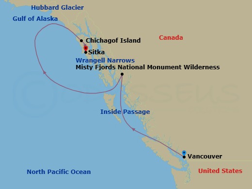 7 Night - Alaska's Inside Passage and Hubbard Glacier - Greg Mortimer - Starting in Vancouver, British Columbia, Canada / Embark Ship, British Columbias Inside Passage, Misty Fjords National Monument, Alaska, Wrangell Narrows, Southeast Alaskas Islands, Bays and Fjords, Hubbard Glacier, Chichagof Island, Sitka / Disembark Ship itinerary map