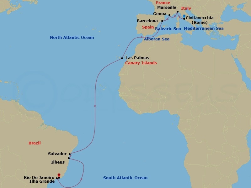 17 Night - Msc Grand Voyages - MSC Divina - Starting in Civitavecchia (Rome), Italy, Genoa (Portofino), Italy, Marseille (Provence), France, Barcelona, Spain, Las Palmas de Gran Canaria (Canary Islands), Spain, Salvador, Brazil, Ilheus, Brazil, Ilha Grande, Brazil, Rio De Janeiro, Brazil itinerary map