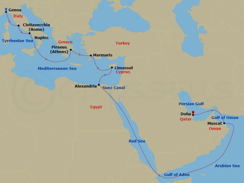 19 Night - Msc Grand Voyages - MSC World Europa - Starting in Genoa (Portofino), Italy, Civitavecchia (Rome), Italy, Naples (Pompeii), Italy, Piraeus (Athens), Greece, Marmaris, Turkey, Limassol, Cyprus, Alexandria EG, Egypt, Suez Canal (Transit), Egypt, Muscat, Oman, Doha, Qatar itinerary map