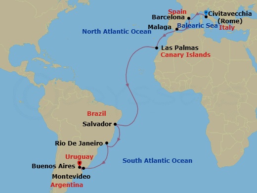 19 Night - Msc Grand Voyages - MSC Splendida - Starting in Civitavecchia (Rome), Italy, Barcelona, Spain, Malaga (Granada), Spain, Las Palmas de Gran Canaria (Canary Islands), Spain, Salvador, Brazil, Rio De Janeiro, Brazil, Montevideo, Uruguay, Buenos Aires, Argentina itinerary map