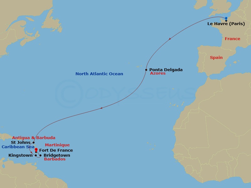 13 Night - Msc Grand Voyages - MSC Meraviglia - Starting in Le Havre (Paris), France, Ponta Delgada (Azores), Portugal, St Johns AG, Antigua, Kingstown, St Vincent and the Grenadines, Bridgetown, Barbados, Fort-de-France, Martinique itinerary map