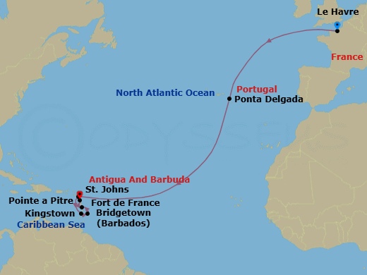 14 Night - Msc Grand Voyages - MSC Meraviglia - Starting in Le Havre (Paris), France, Ponta Delgada (Azores), Portugal, St Johns AG, Antigua, Kingstown, St Vincent and the Grenadines, Bridgetown, Barbados, Fort-de-France, Martinique, Pointe-A-Pitre, Guadeloupe itinerary map