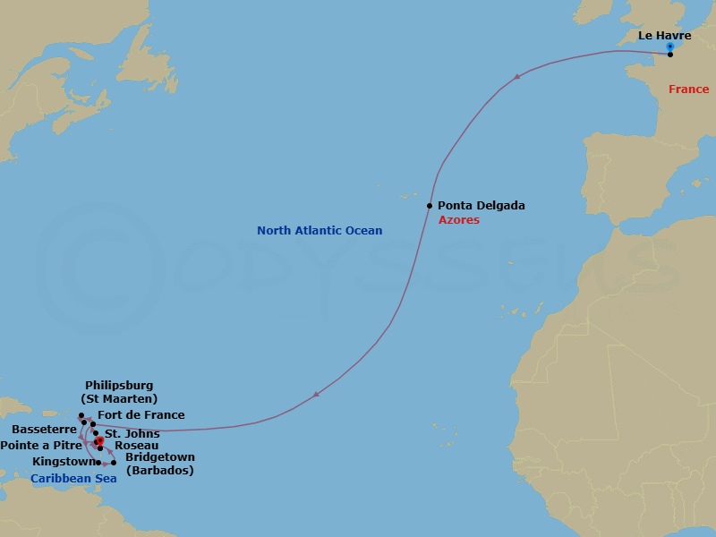 20 Night - Msc Grand Voyages - MSC Meraviglia - Starting in Le Havre (Paris), France, Ponta Delgada (Azores), Portugal, St Johns AG, Antigua, Kingstown, St Vincent and the Grenadines, Bridgetown, Barbados, Fort-de-France, Martinique, Pointe-A-Pitre, Guadeloupe, St Johns AG, Antigua, Philipsburg, St Maarten, Basseterre, St Kitts and Nevis, Roseau, Dominica, Fort-de-France, Martinique itinerary map