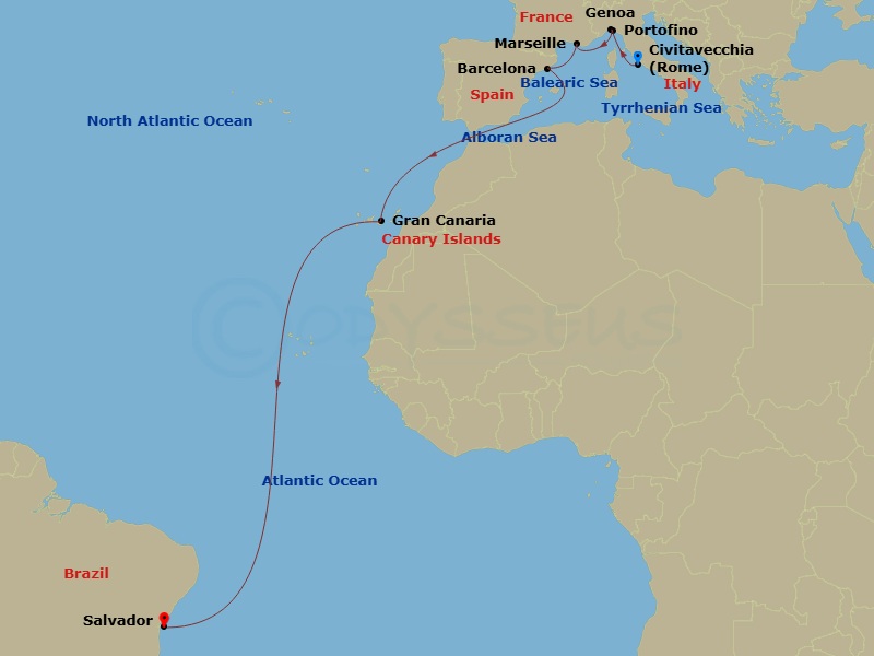 13 Night - Msc Grand Voyages - MSC Divina - Starting in Civitavecchia (Rome), Italy, Genoa (Portofino), Italy, Marseille (Provence), France, Barcelona, Spain, Las Palmas de Gran Canaria (Canary Islands), Spain, Salvador, Brazil itinerary map