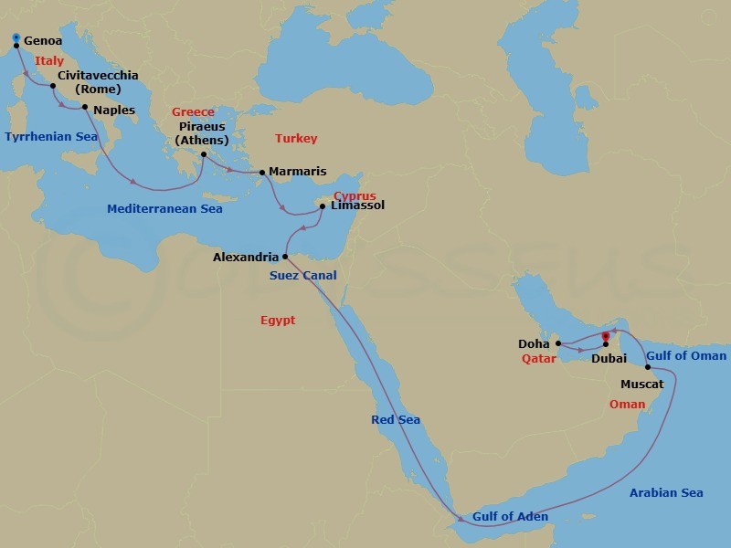 21 Night - Msc Grand Voyages - MSC World Europa - Starting in Genoa (Portofino), Italy, Civitavecchia (Rome), Italy, Naples (Pompeii), Italy, Piraeus (Athens), Greece, Marmaris, Turkey, Limassol, Cyprus, Alexandria EG, Egypt, Suez Canal (Transit), Egypt, Muscat, Oman, Doha, Qatar, Dubai, United Arab Emirates itinerary map