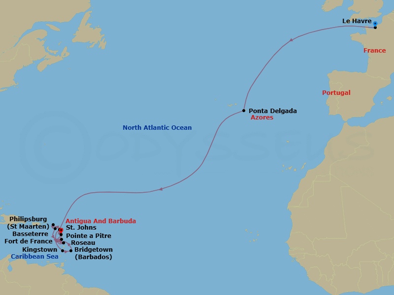 21 Night - Msc Grand Voyages - MSC Meraviglia - Starting in Le Havre (Paris), France, Ponta Delgada (Azores), Portugal, St Johns AG, Antigua, Kingstown, St Vincent and the Grenadines, Bridgetown, Barbados, Fort-de-France, Martinique, Pointe-A-Pitre, Guadeloupe, St Johns AG, Antigua, Philipsburg, St Maarten, Basseterre, St Kitts and Nevis, Roseau, Dominica, Fort-de-France, Martinique, Pointe-A-Pitre, Guadeloupe itinerary map