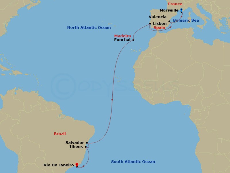 15 Night - Msc Grand Voyages - MSC Musica - Starting in Marseille (Provence), France, Valencia, Spain, Lisbon (Cascais), Portugal, Funchal (Madeira Islands), Portugal, Salvador, Brazil, Ilheus, Brazil, Rio De Janeiro, Brazil itinerary map