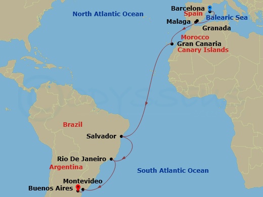 17 Night - Msc Grand Voyages - MSC Splendida - Starting in Barcelona, Spain, Malaga (Granada), Spain, Las Palmas de Gran Canaria (Canary Islands), Spain, Salvador, Brazil, Rio De Janeiro, Brazil, Montevideo, Uruguay, Buenos Aires, Argentina itinerary map