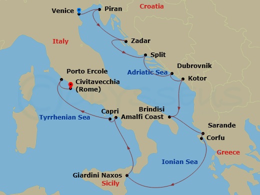 Scenic Ikon - 16 Night - Inaugural Voyage : Adriatic & Italian Icons Scenic Club Departure - Scenic Ikon - Starting in Venice, Italy, Piran, Slovenia, Zadar, Croatia, Split.. itinerary map