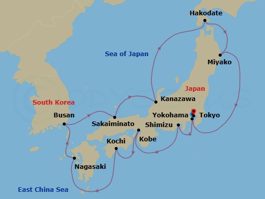 14 Night - Yokohama to Tokyo - Silver Muse - Starting in Yokohama (Tokyo), Shimizu, Kobe, Kochi, Nagasaki, Busan, Sakaiminato, Kanazawa, Hakodate (Hokkaido), Miyako, Iwate, Tokyo itinerary map