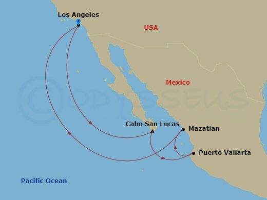 Brilliant Lady - 7 Night - Mexican Riviera Halloween Cruise - Brilliant Lady - Starting in Los Angeles, California, Cabo San Lucas, Mexico, Puerto Vallarta, Mexico, Mazatlan,.. itinerary map