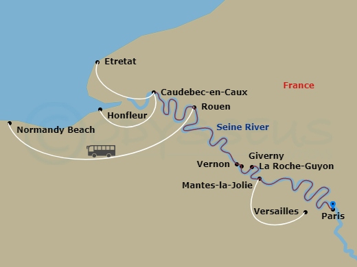 S.S. Joie de Vivre - 7 Night - Paris & Normandy - S.S. Joie de Vivre - Starting in Paris, La Roche-Guyon, Vernon, Giverny, Rouen, Caudebec-en-Caux (Honfleur), Rouen (Normandy Beac.. itinerary map