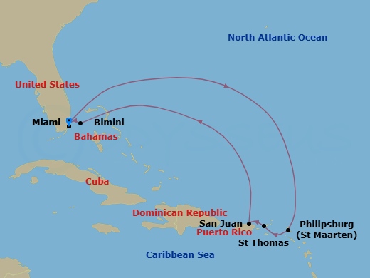 9 Night - Eastern Caribbean & Bimini Holiday - Brilliant Lady - Starting in Miami, Florida, Philipsburg, Sint Maarten, St Thomas, US Virgin Islands, San Juan, Puerto Rico, The Beach Club at Bimini, Bahamas, Miami, Florida itinerary map