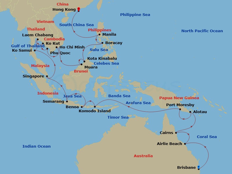 Crystal Serenity - 36 Night - Asia and Asia Pacific from Brisbane to Hong Kong - Crystal Serenity - Starting in Brisbane, Airlie Beach, Cairns, Alotau, Port Moresby, Komodo Isla.. itinerary map