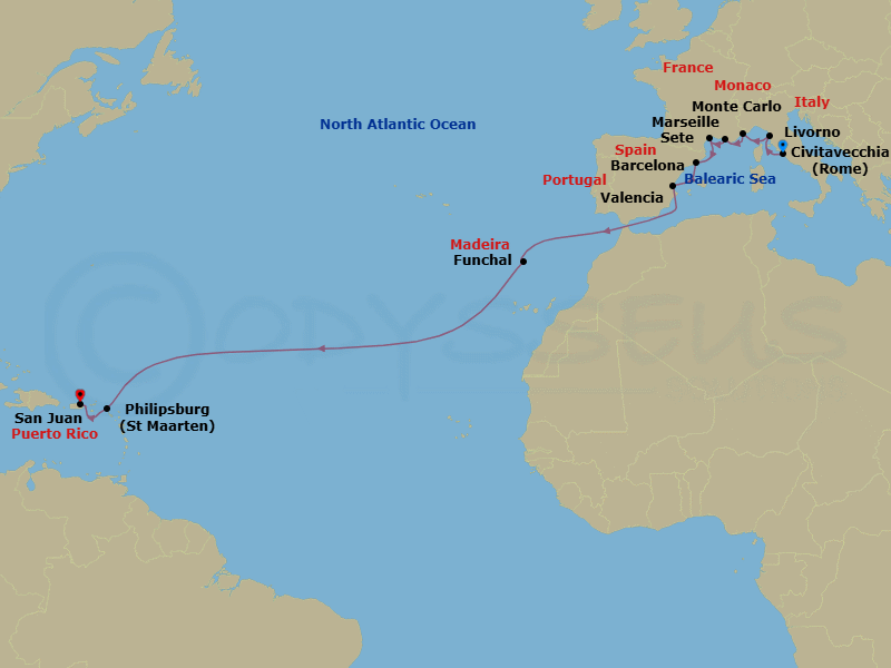 20 Night - Mediterranean & Atlantic Crossing - Viking Sea - Starting in Rome (Civitavecchia), Florence / Pisa (Livorno), Monte Carlo, Marseille, Sete, Barcelona, Valencia, Sail the Alboran Sea, Sail the Atlantic Ocean, Madeira (Funchal), Sail the Atlantic Ocean, Philipsburg, San Juan itinerary map