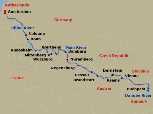 Scenic Jade - 14 Night - Jewels of Europe - Scenic Jade - Starting in Budapest, Vienna, Krems / Durnstein, Brandstatt / Passau, Regensburg, Nuremberg, Bamberg, Wurzburg, We.. itinerary map