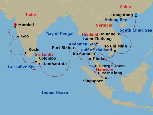 Crystal Serenity - 29 Night - Africa & Indian Ocean - Crystal Serenity - Starting in Hong Kong, Halong Bay, Da Nang, Ho Chi Minh City, Laem Chabang, Koh Samui, Singapore, Port K.. itinerary map