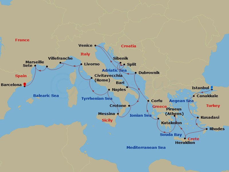 Viking Jupiter - 28 Night - Mediterranean's Iconic Shores - Viking Jupiter - Starting in Istanbul, Troy (Canakkale), Ephesus (Kusadasi), Rhodes, Crete (Heraklion), Athens (Pir.. itinerary map