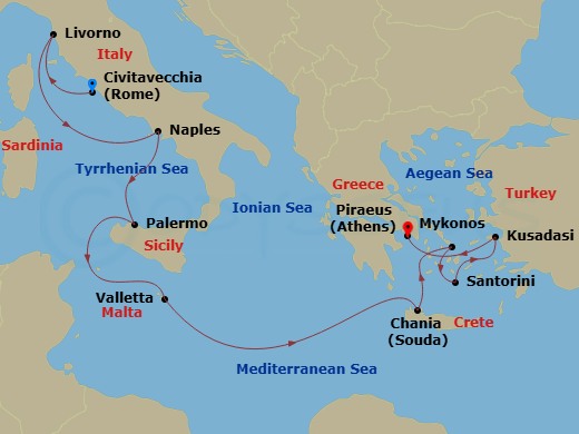 Scarlet Lady - 12 Night - Mediterranean : Rome to Athens - Scarlet Lady - Starting in Rome (Civitavecchia), Italy, Florence / Pisa (Livorno), Italy, Pompeii / Capri (Naples).. itinerary map