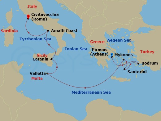 Scarlet Lady - 9 Night - Mediterranean : Athens to Rome - Scarlet Lady - Starting in Athens (Piraeus), Greece, Bodrum, Turkey, Santorini, Greece, Mykonos, Greece, Valletta,.. itinerary map